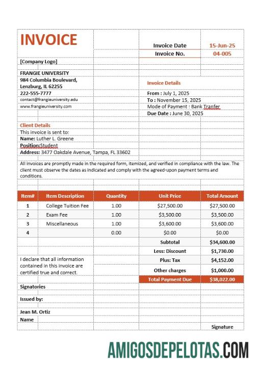 realista Modelo de fatura de mensalidade universitária